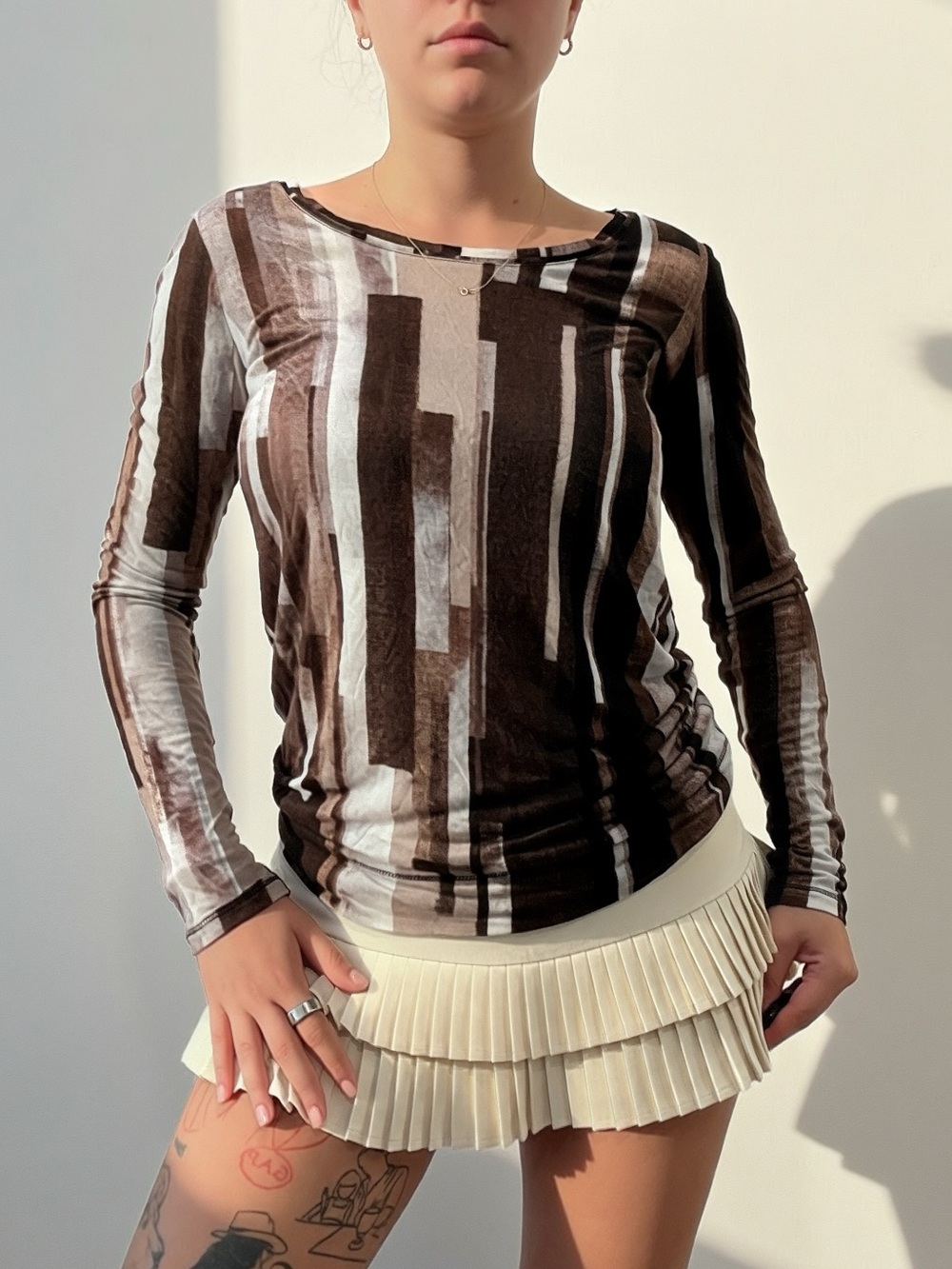 Women's Brown & White Striped Long-Sleeve Top